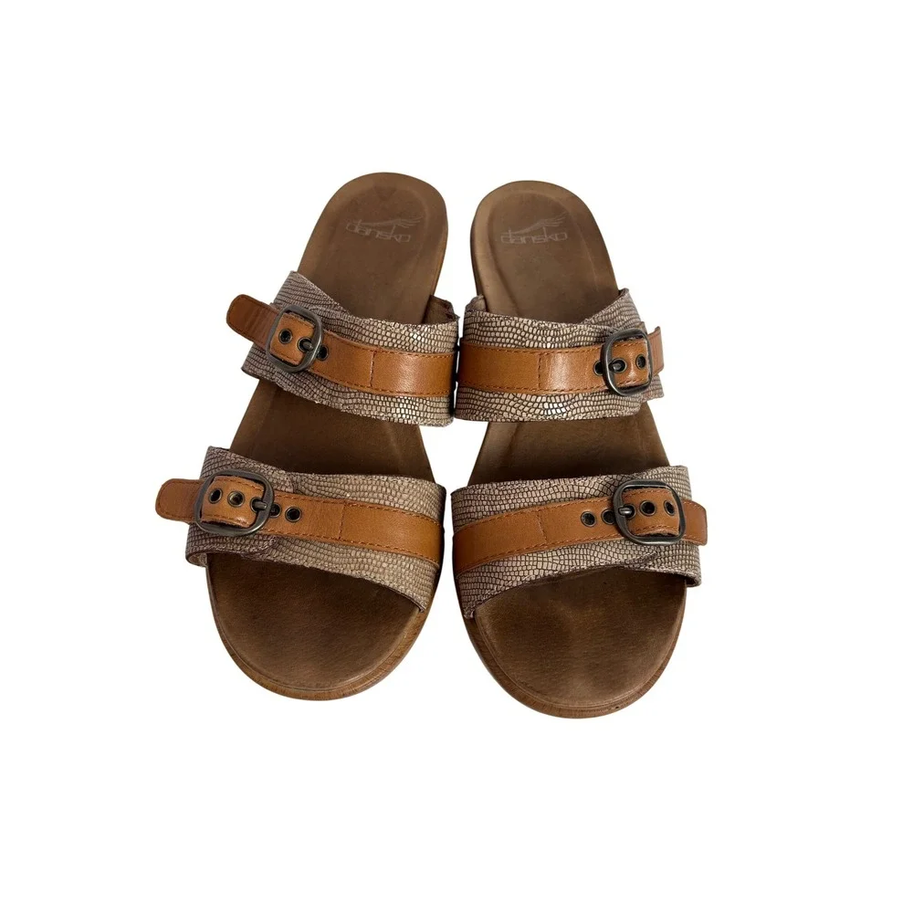 Dansko Women 39 Brown Snake Print Leather Buckle Platform Wedge Slide Sandals